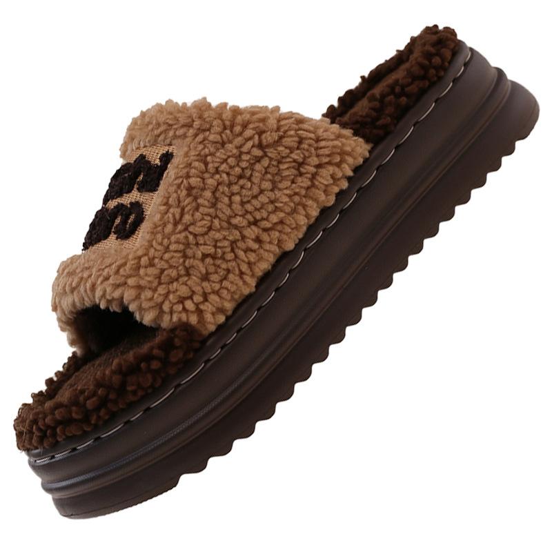 Fluffy slippers women's autumn and winter wear fashion thick-bottomed non-slip home lamb wool open-toed cotton slippers women