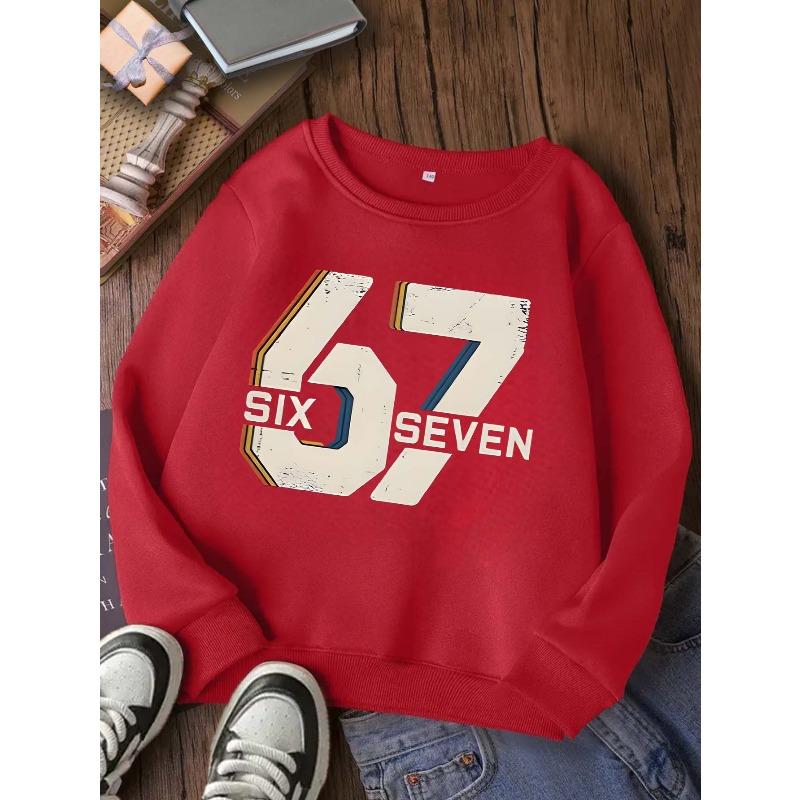 Kids Over 4 Years Old Retro Distressed SIX SEVEN Number 67 Print Sweatshirt Unisex Boys Girls Vintage Stripe Crewneck Long Sleeve For 4-12Y Children