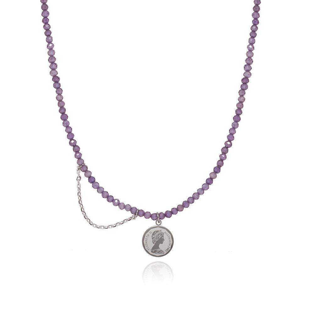 

Wandering Coin Lavender Purple Tassel Queen Coin Handmade Chain Lock Bone Chain, Necklace, Silver Titanium Steel фиолетовый