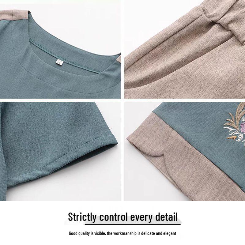 Brand Mom 2026 New Summer Cotton Linen Two-Piece Set: Short Sleeve T-shirt & Top for Middle-aged and Elderly Women