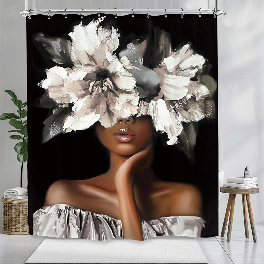 African American Olive Green Shower Curtain Black Girl Flower Oil Painting Art Bathroom Accessories Decoration with 12 Hooks