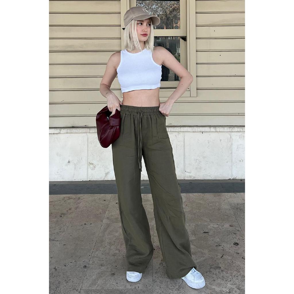 Grüne Weitbeinige Musselin Damen Hose Mg1980