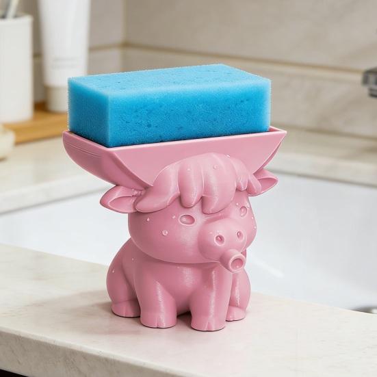 Yousheng Highland Cow Sponge Holder with Drainage Bathroom Kitchen Sink Countertop 3D Printed Cattle Sponge Stand Multifunctional Sponge Organizer