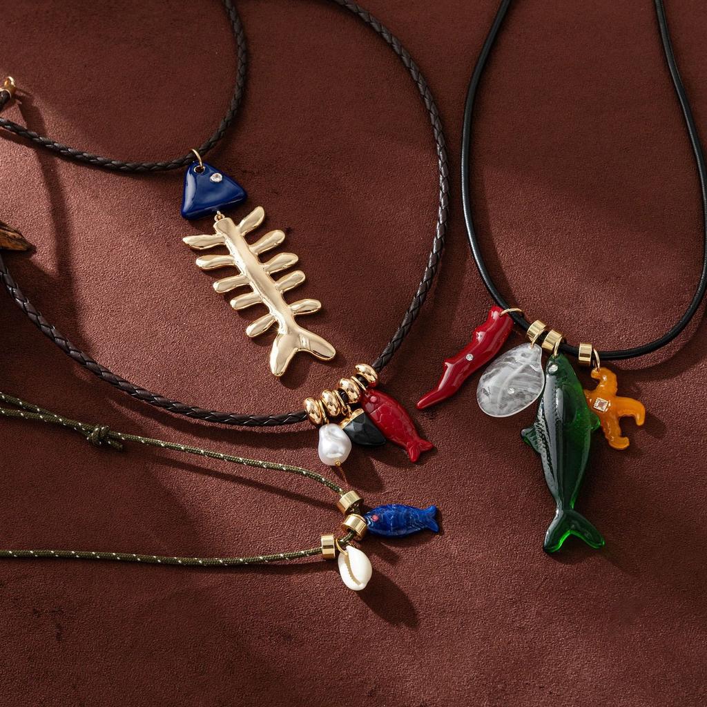 Copper Multi-Pendant Summer Ocean Small Fish Starfish Fish Bone Rope Necklace Stainless Steel Vacuum Plating