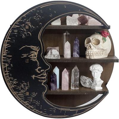 Crescent Moon Shelf Rustic Wooden Crystal Holder for Healing Stones and Essential Oils Wall-Mounted Crystal Shelf Display for Wall Decor Witchy Gifts