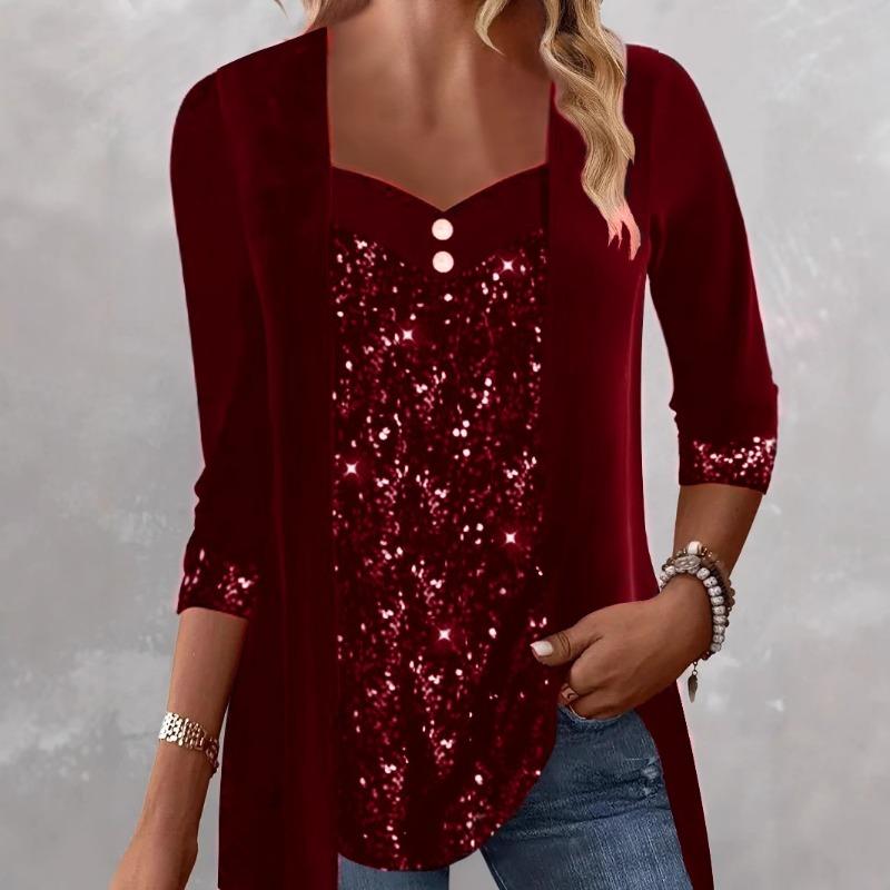 Podzim Zima Flitrované Knoflíkové Trička Dámské T-top s Dlouhým Rukávem