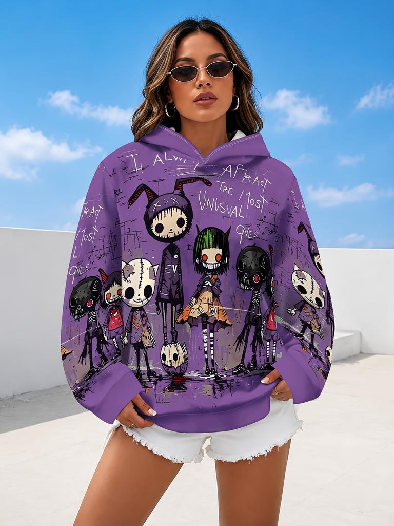 Lazy Women's Hoodie with Scary Cartoon Characters On Hoodie Women's Hooded Pullover Sweatshirt Fashionable Top