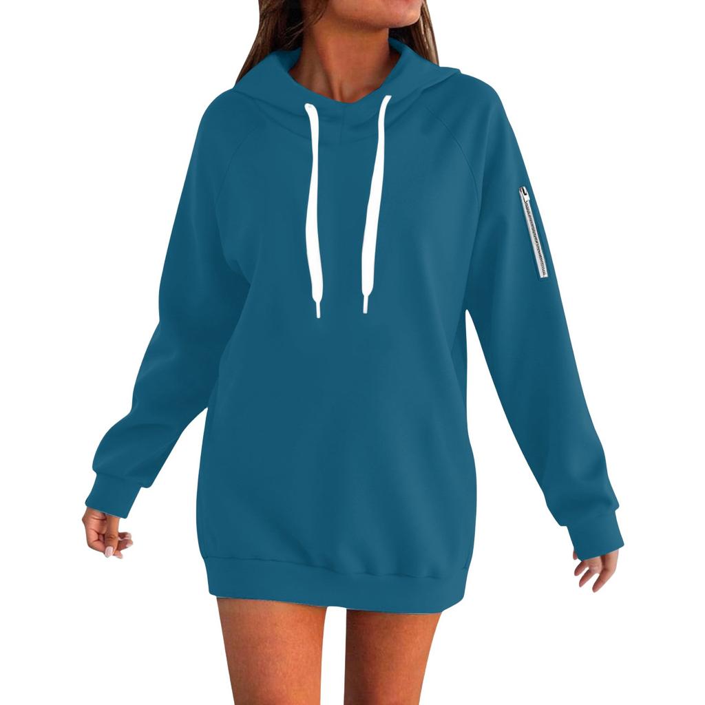 Women's Fashion Oversized Long-Sleeve Zipper Drawstring Solid Color Hooded Sweatshirt