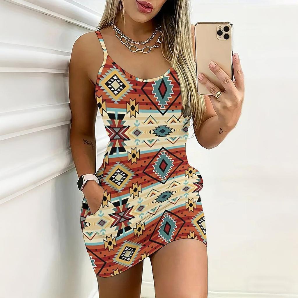 Robe d'été moulante sans manches avec poches, imprimé géométrique et à rayures rétro, sexy, coupe ajustée, élégante, pour la fête