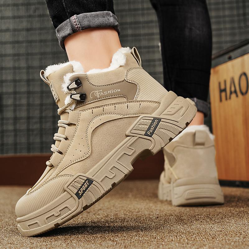 Padded Thickened Waterproof Casual Men's Sneakers Outdoor Hiking Shoe New Fashion Men's Winter Plush Shoes PU Leather Snow Boots