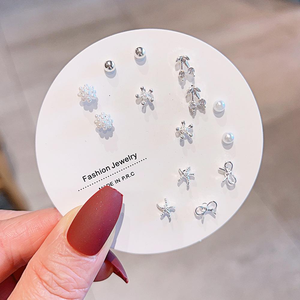 Titanium Steel One-week Stud Earrings 1 Combination Korean Fringed Bow Ins Versatile Cute Earrings for Women