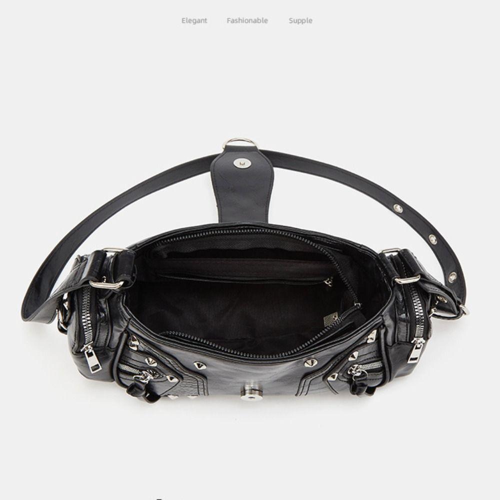 Punk Y2K Retro Rivet Shoulder Bag Oil Wax Leather Spicy Girl Motorcycle Bag Korean Multi-pocket Crossbody Bags Streetwear