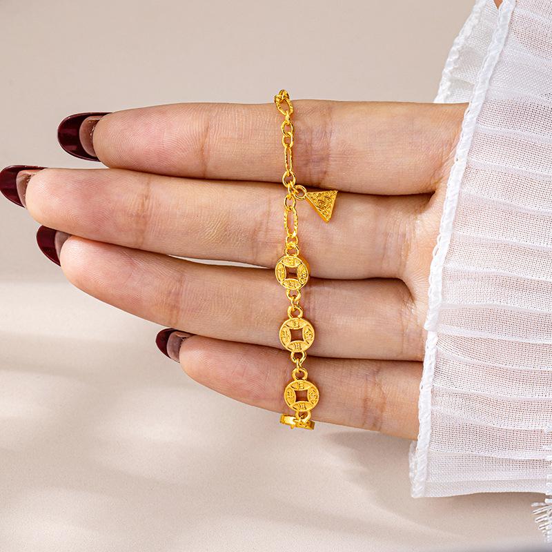 Bracelet Pièce Ancienne Élégant pour Femmes – Or Sable Vietnamien Rétro avec Perles Brillantes et Rétention de Couleur Longue Durée.