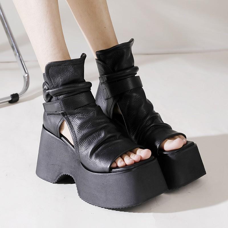 Johnature Vintage Thick Sole Sandals Boots Women Peep Toe Genuine Leather Comfort Heightening Platform Shoes