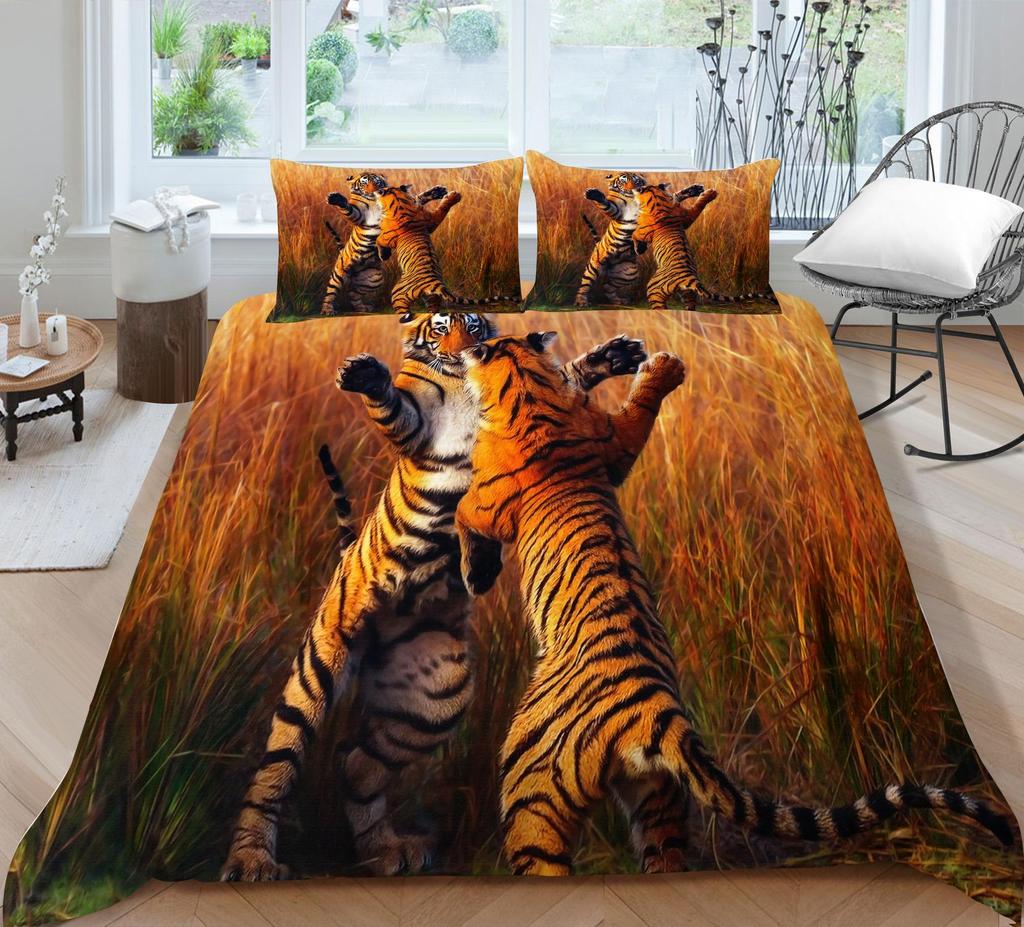 3D Tiger Pattern Luxury Home Bedding Set Full Size Quilt Cover and Pillowcase Ferocious Beast Print Washable Comfortable Bedroom Bedding