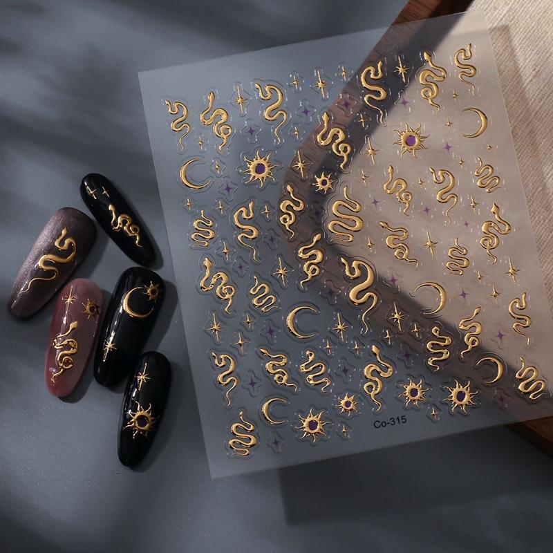 

Luxury Golden Foil Nail Art Stickers with Snake, Star, and Moon Designs - Self-Adhesive, Shiny Finish, Irregular Shape, Fantasy Theme, Disposable