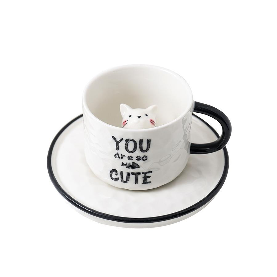 Juego de Taza y Platillo de Cerámica de Gato 3D