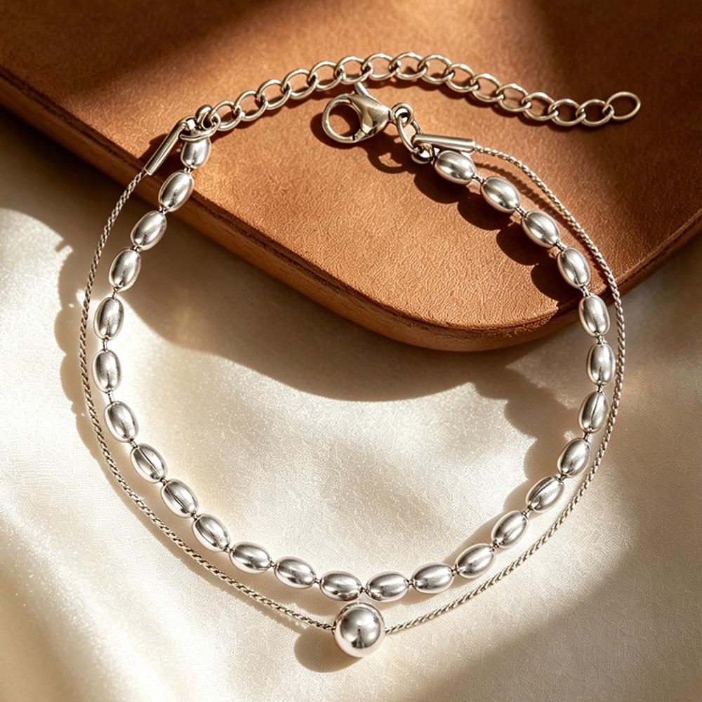 Fashionable 18K Gold Snake Chain Bracelet - Retro Bead Design, Versatile Light Luxury European-American Style, Colorfast Titanium Steel.