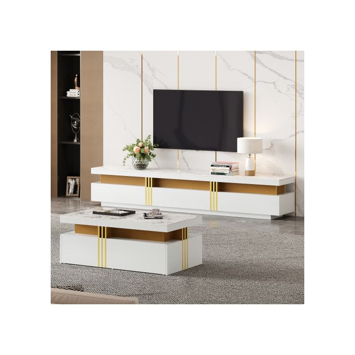 Wand-TV-Möbel weiß, Wohnzimmermöbel-Wandset, Couchtisch + TV-Möbel