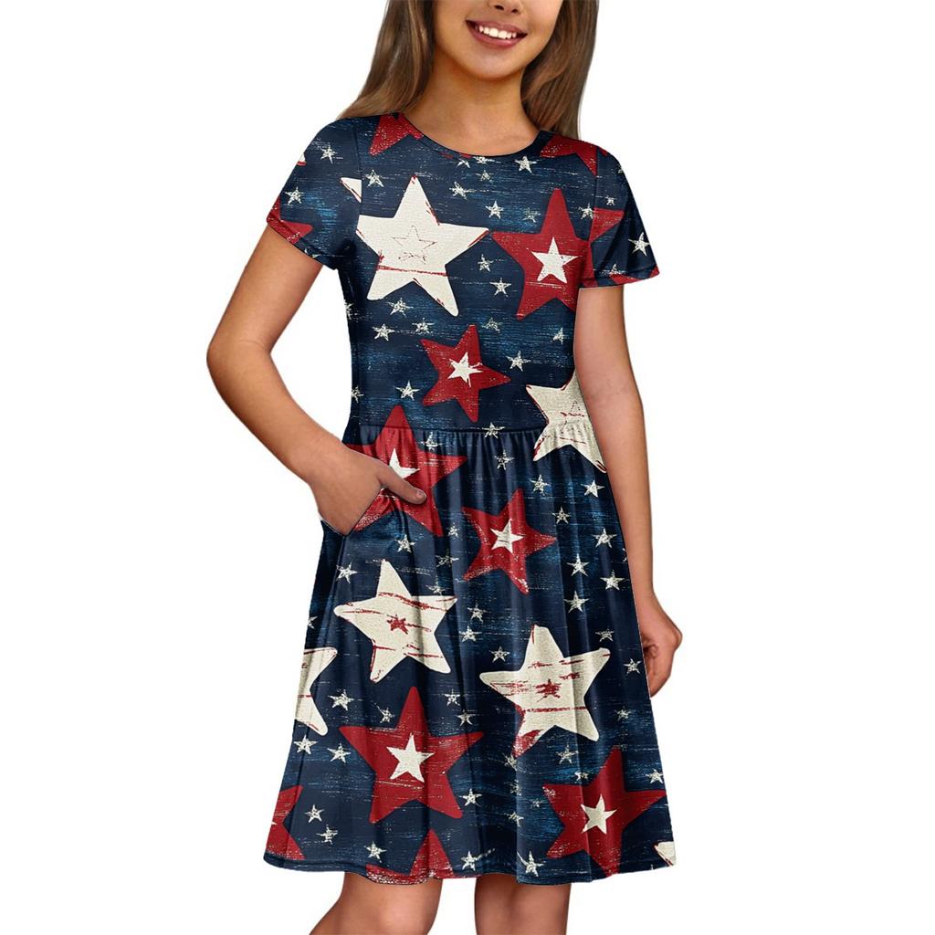 Dziewczęca Letnia Sukienka Jednolity Kolor i Nadruk Bez Rękawów Sukienka z Kieszenią Sukienka Codzienna Krótki Rękaw Sukienka na Imprezę