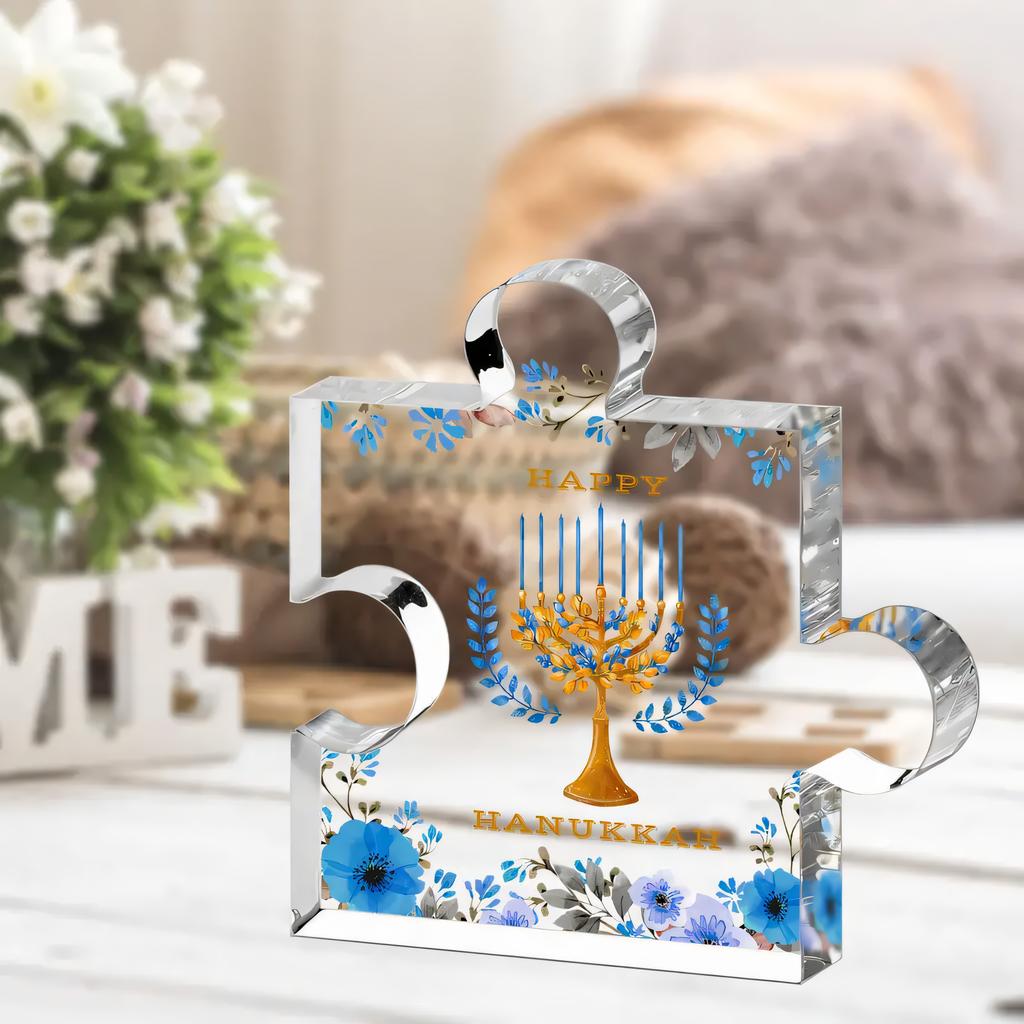 Acrylic Sign, 1pc Hanukkah Gifts Hanukkah Happy Blue Flower Leaf Pattern Acrylic Desktop Decorations, Home Office Party Decorations, Family Friends
