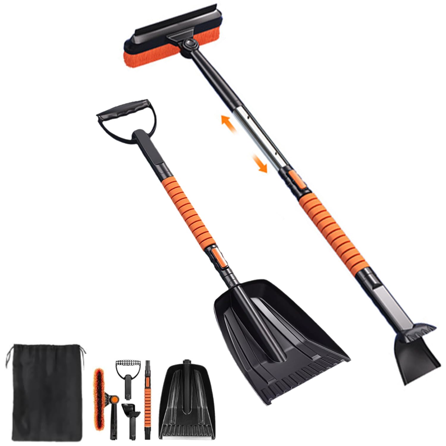 

OnceMu Многофункциональная снежная щетка и снежная лопата Регулируемая длина Рукоятка из пеноматериала ЭВА для холода Легкая и компактная Включает хранение Идеально для и оранжевый