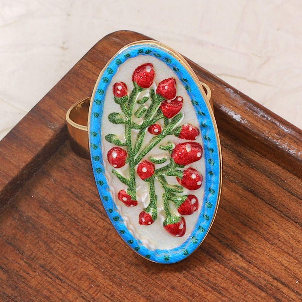 French Vintage Ring Printing Opening Ring Exquisite Enamel Flower Ring Jewelry