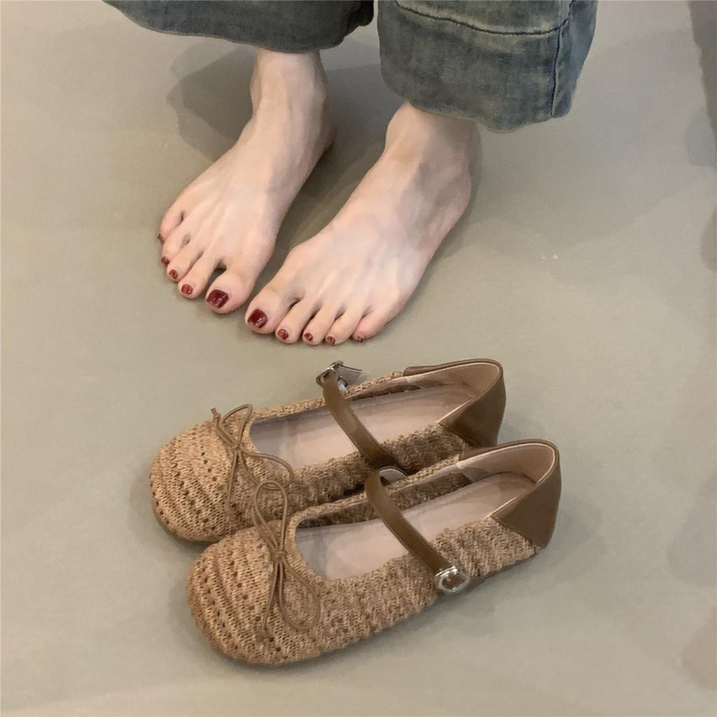 Chaussures Mary Jane simples à un mot français automne 2025 nouvelles chaussures plates tissées à bout rond avec nœud semelles souples