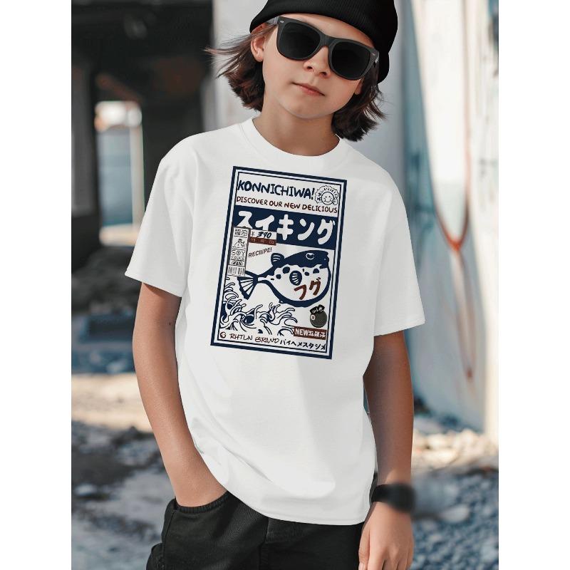Boys Crew Neck Short Sleeve T-Shirt with Creative Anime Graphic Print