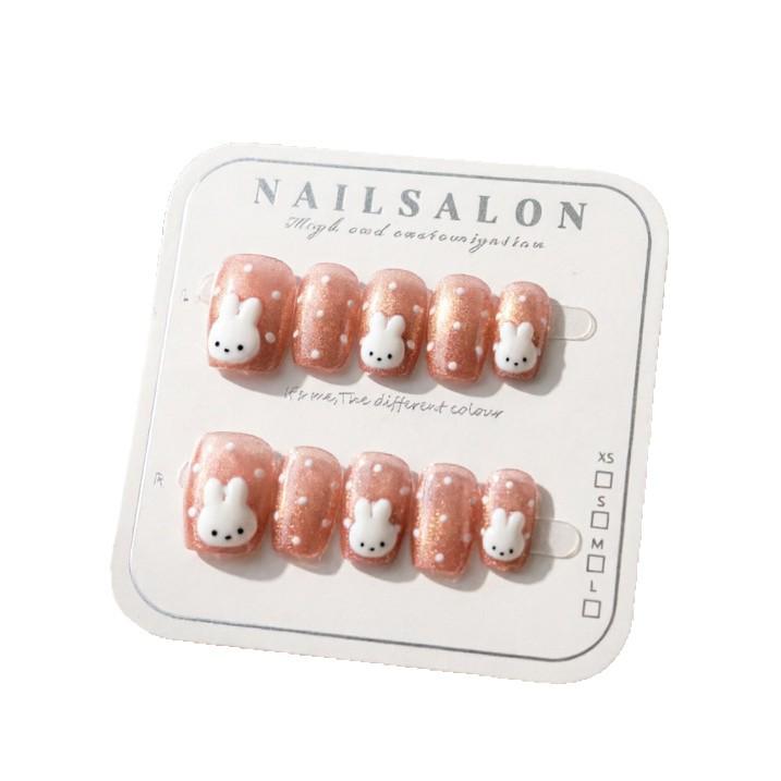 Pink Cartoon Rabbit Cat Eye Polka Dot Handmade Nails - Sweet Girl Style