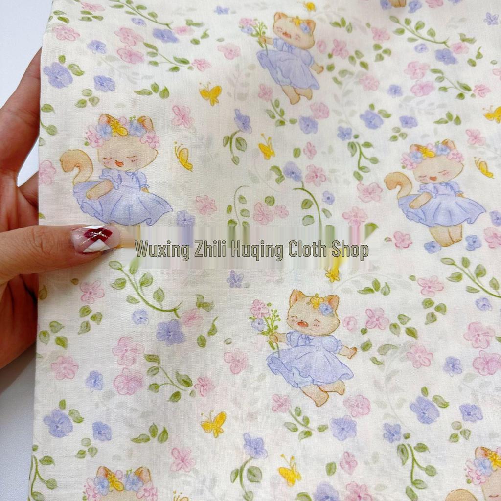 100% Cotton Korean Style Cartoon Kitten Floral Fabric for Women's & Children's Clothing, Family Outfits, Homewear, DIY Projects