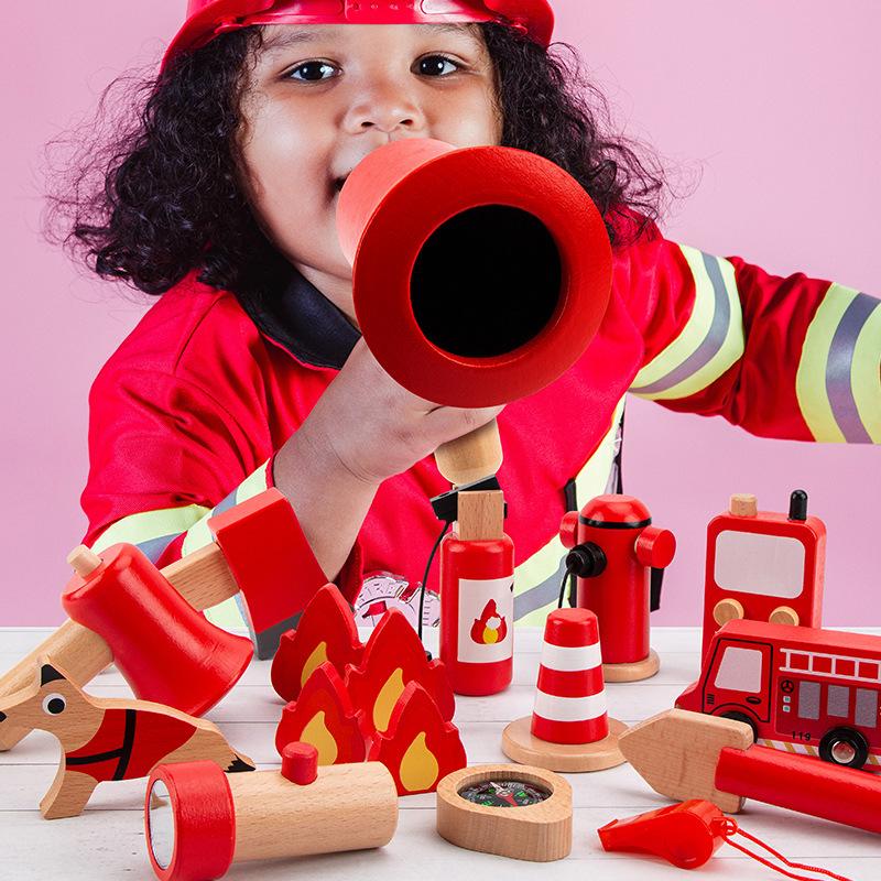 Play House Wooden Toy Firefighter Roleplaying Toys Simulation Fire Extinguishing Equipment Fire Engine Set for Kindergarten Kids