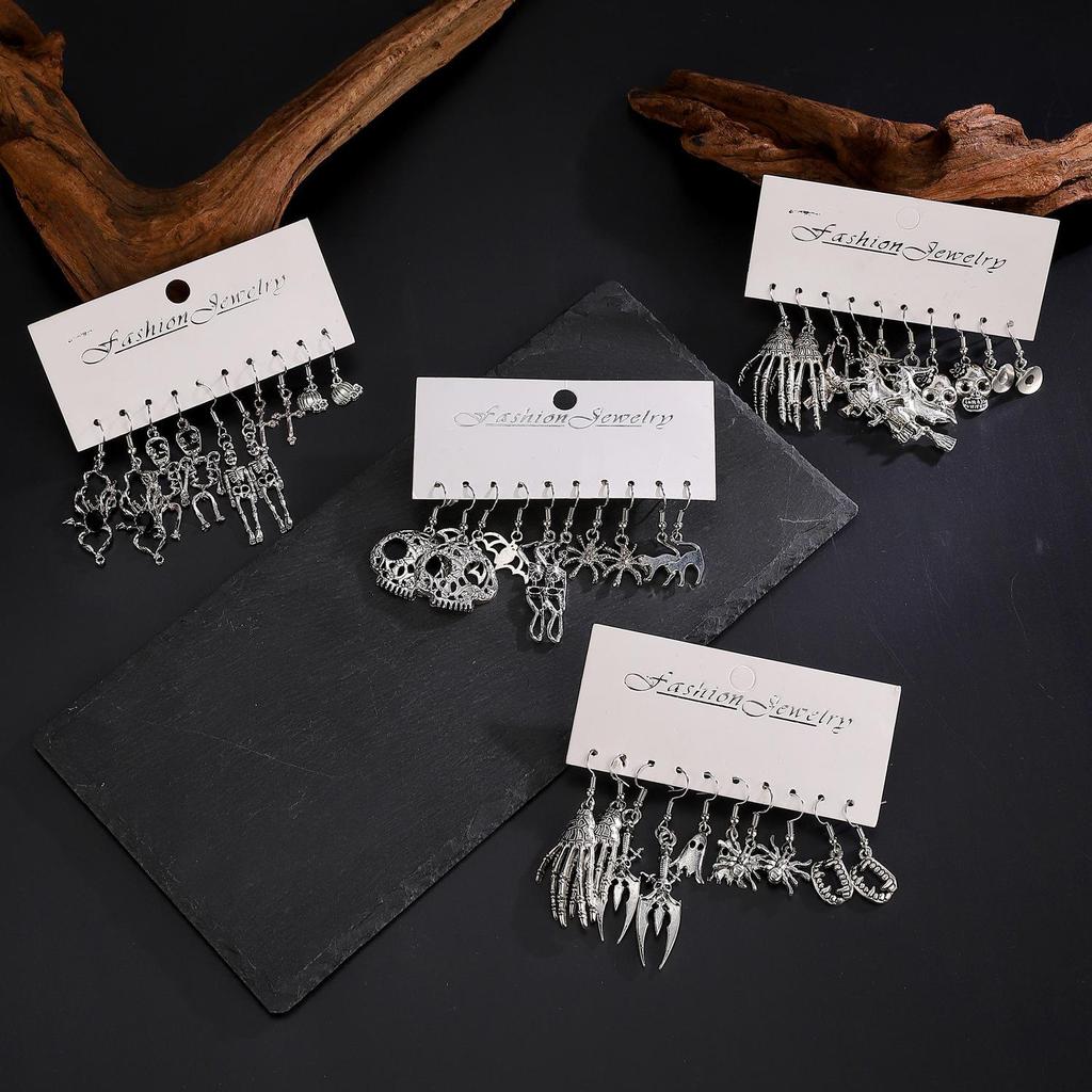 5-Piece Halloween Silver Spider, Skull, Pumpkin Earrings