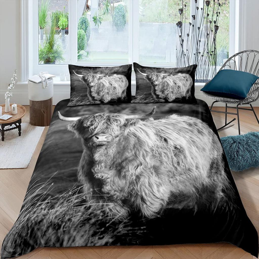 Highland Cow King Queen Duvet Cover Bull Bedding Set For Adults Cattle 2/3pcs Quilt Cover Farm Animal Polyester Comforter Cover
