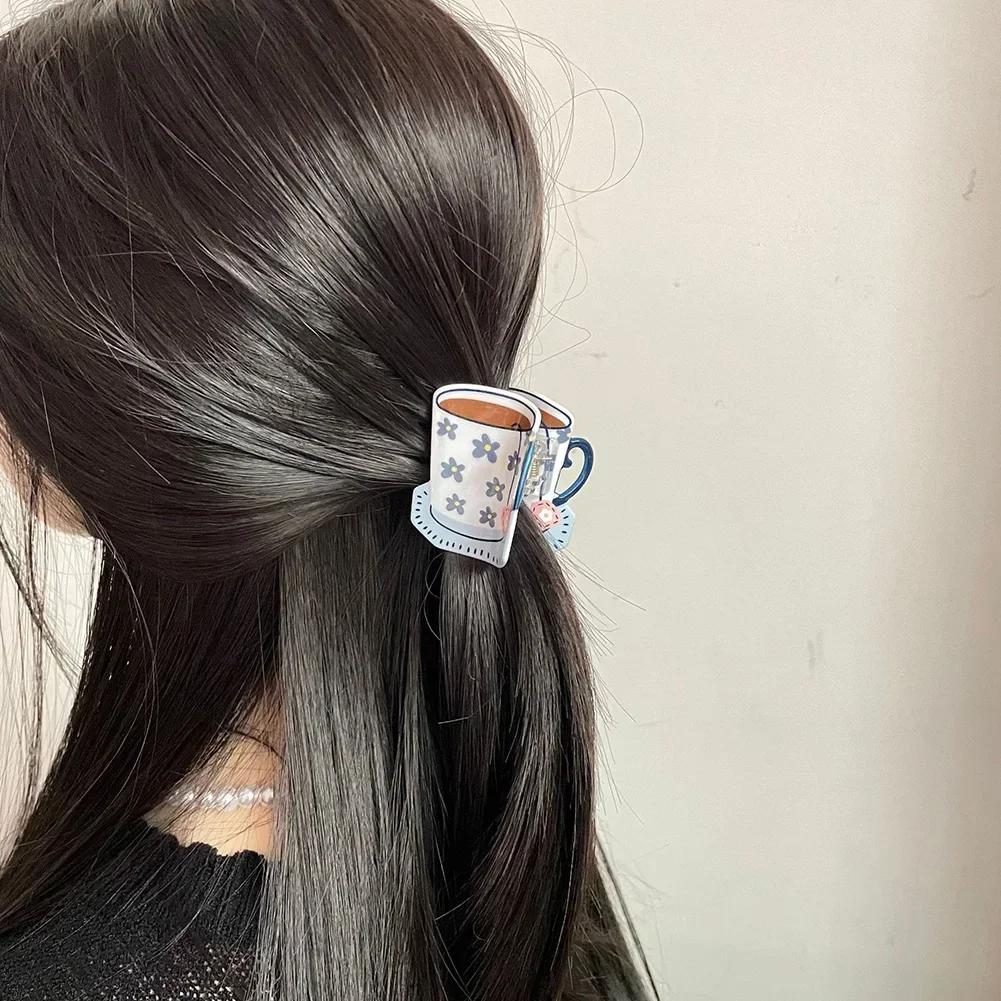 Sweet Cute Pastoral Flower Print Cup Shark Hairpin For Women Girls Creative Coffee Cup Shape Hair Clip Claw Hair Accessories