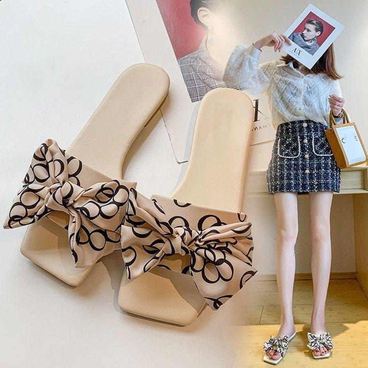 3 color bowknot Women's Design Slide Sandals, Casual Square Open Toe Flat Summer Shoes, Lightweight Slide Sandals
