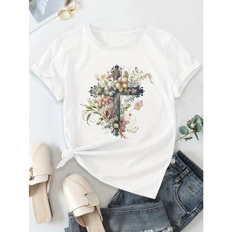 European Size European Size  Pattern Printed Casual Round Neck Short Sleeve T-shirt Summer New Women's Wear