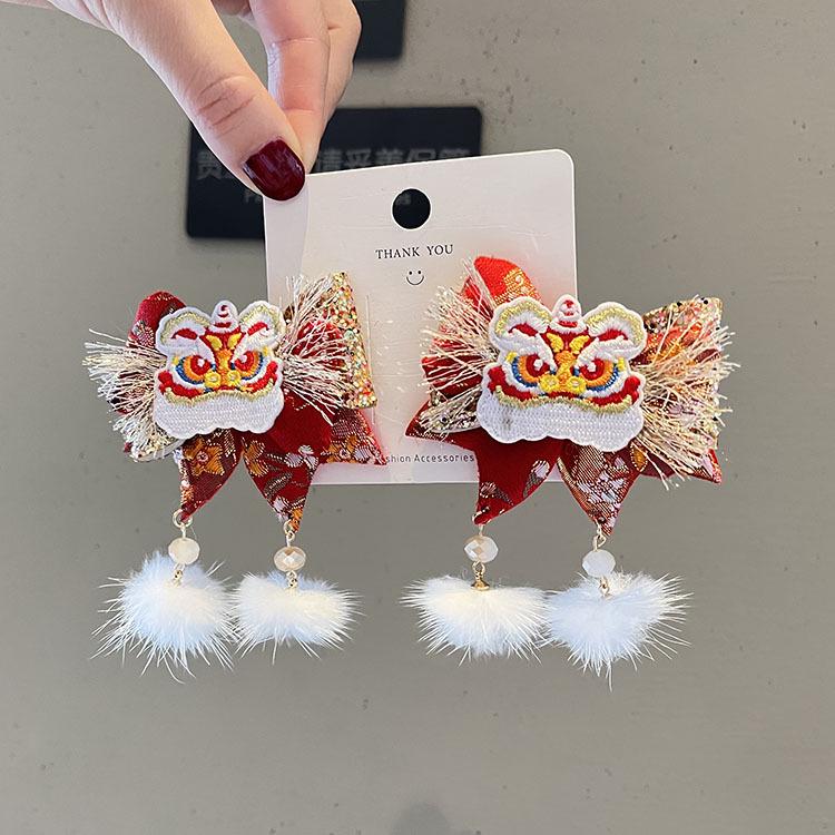 Red New Year Pearl Tassel Pompon Hair Clips for Children - Hanfu Style