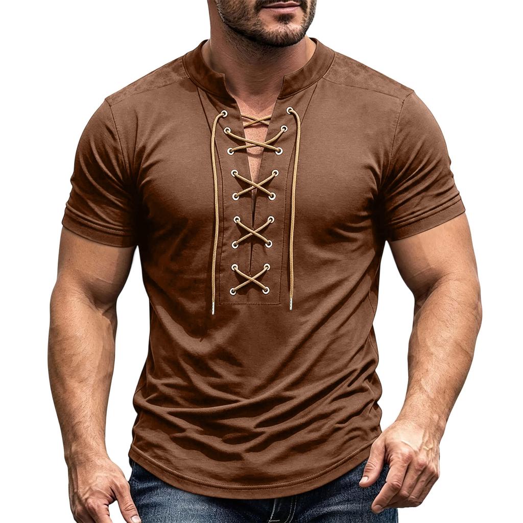 Camisa Casual Retro de Manga Corta con Cuello en V y Cordones para Hombre