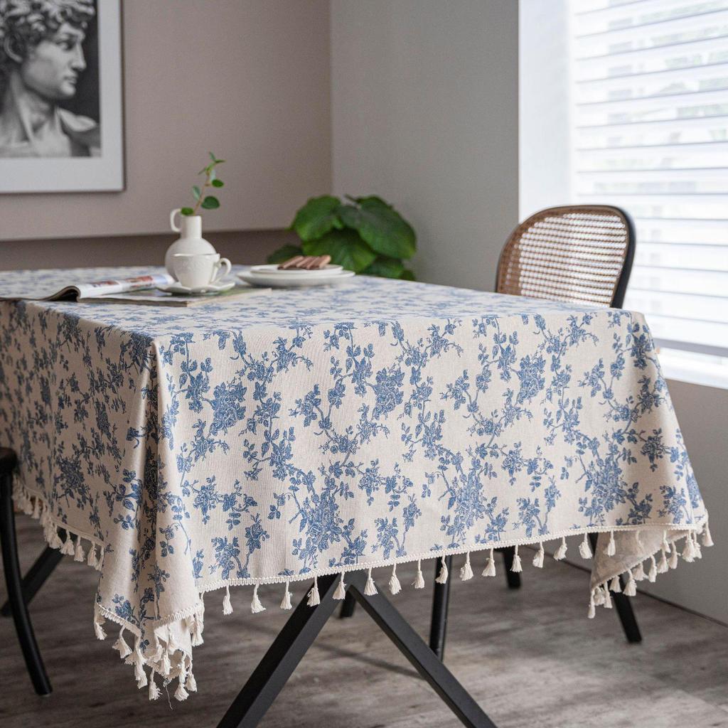 Blue & White Porcelain Retro Cotton Linen Tablecloth with Yellow Tassels