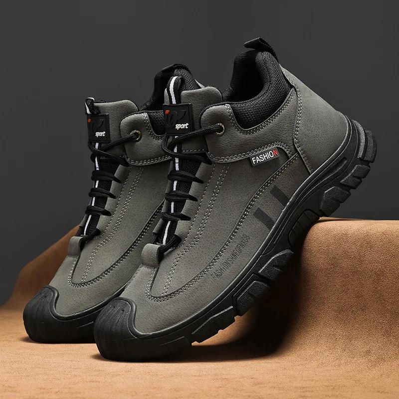 Fashion Men's Shoes 2025 Spring New High Top Leather Casual Sports Shoes Fashionable British Style Thick Soled Anti Slip Work Boots