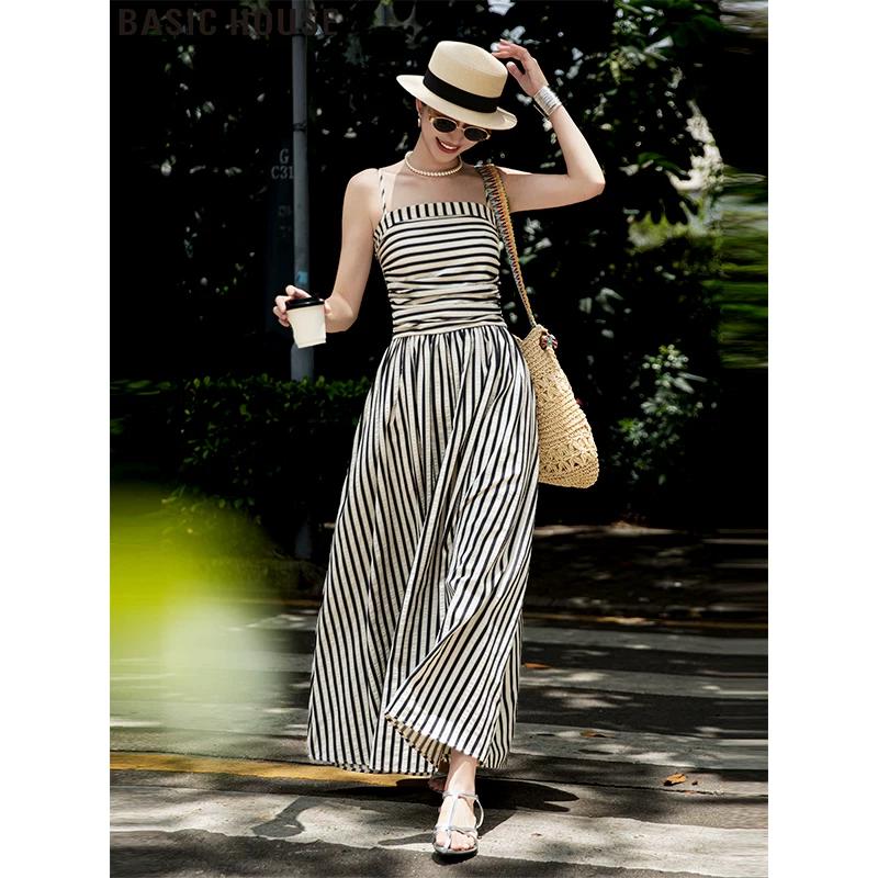 Basic House Women s Striped Hepburn A-line Maxi Dress M