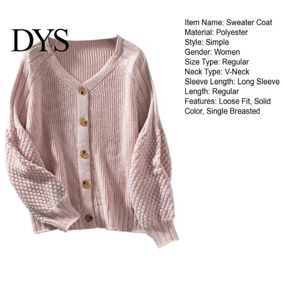Casual Women Cardigan Sweater Coat V-Neck Lantern Long Sleeve Single Knitwear Breasted Knitted Solid Color Loose Minimalist Design