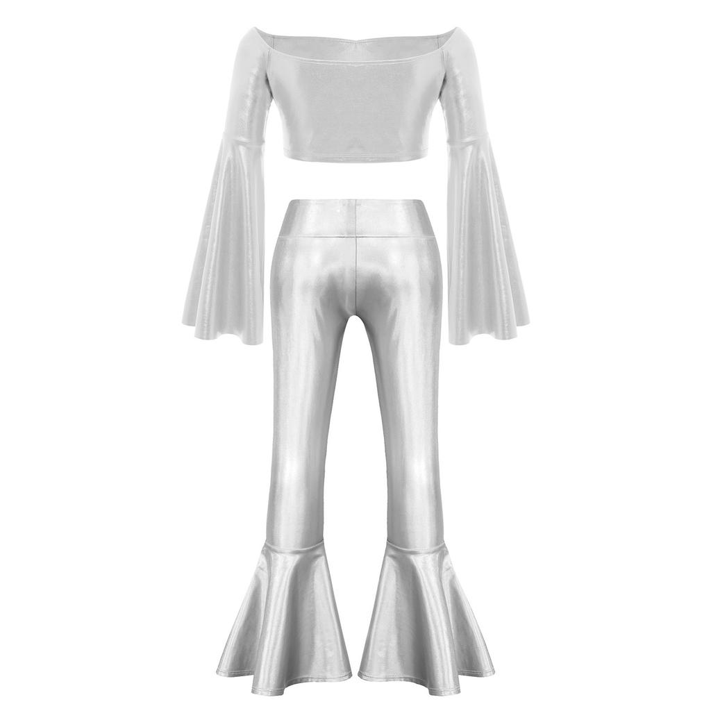 Top Corto Metallico da Ragazza Manica Lunga a Svasatura Scollatura a Barca Pantaloni a Zampa Lucidi Set per Esibizione sul Palco