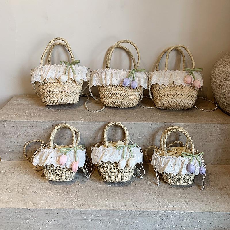 Summer Woven Straw Bag For Kids With Cotton Lining For Beach And Vacation Use