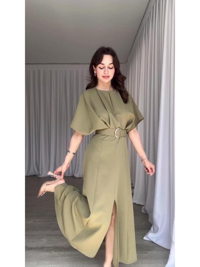 European & American Solid Color Round Neck Short Sleeve Slim Fit Long Dress with Waist Belt