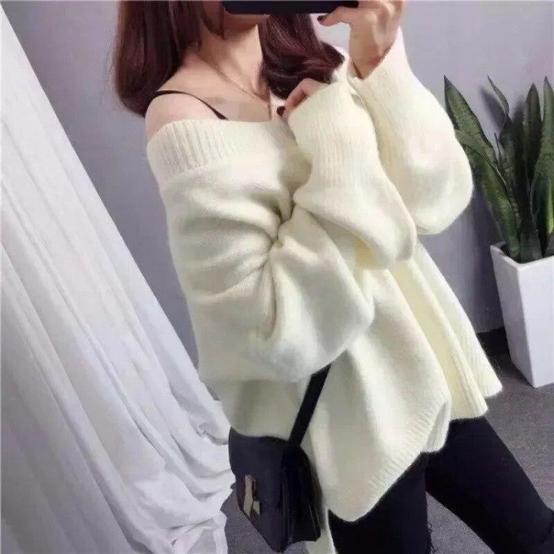 Autumn Vintage Fashion Long Sleeve Knitted Sweater Winter Bottoming Pullover Women Casual V-neck Tops Solid Color Clothes 29898
