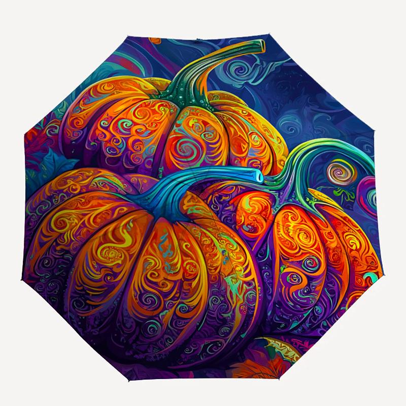 1 шт. Автоматический складной зонт «Тыквенные завитки»   Компактная конструкция с 8 спицами, прочный железный каркас для путешествий, улицы,  a0920078