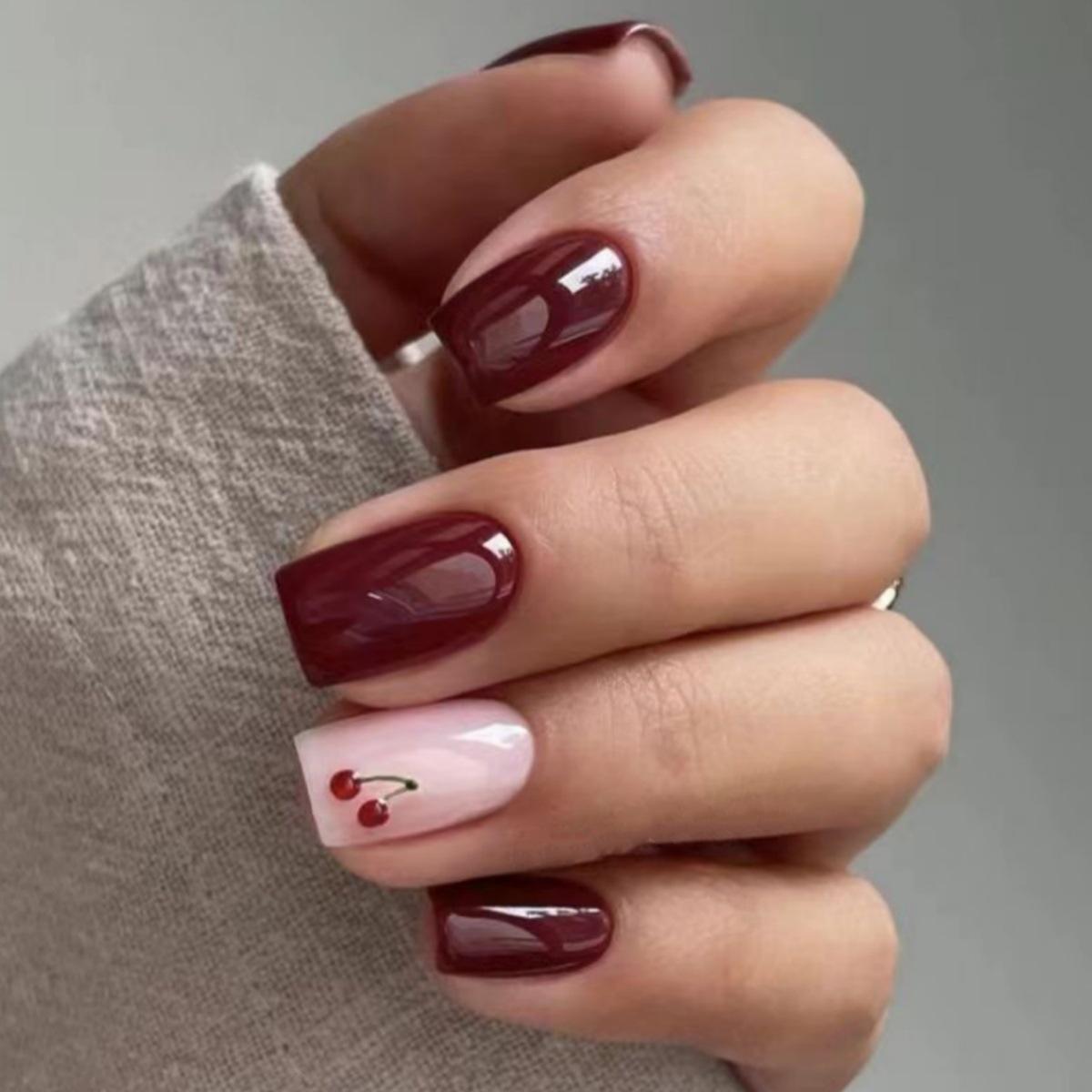 

Cherry Almond Pearl Nail Art: 24 Removable Wearable False Nails