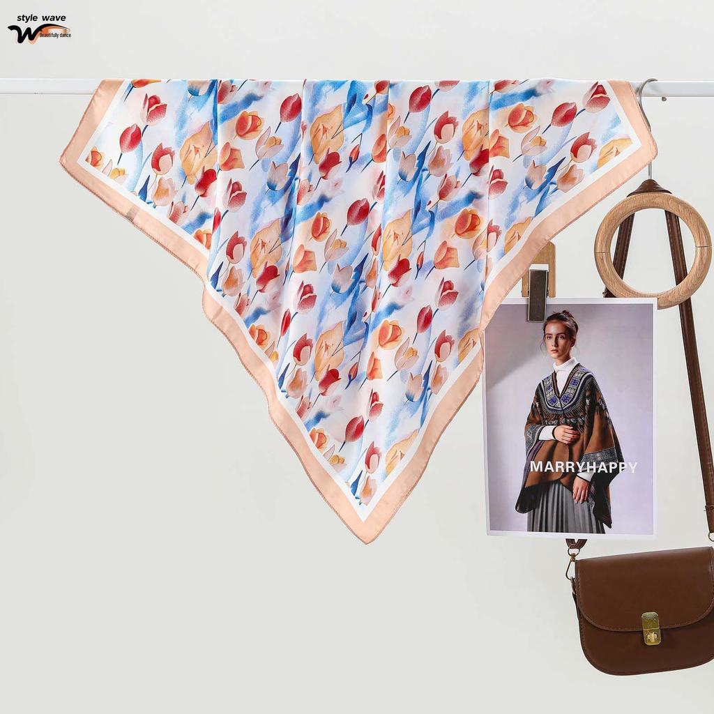 Colorful Tulip Print Silk Scarf: Versatile Pastoral Style Neck Scarf & Hairband for Spring/Summer